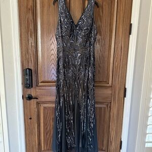 R&M Richards Silver Sequin Maxi Gown V-Neck Sleeveless
